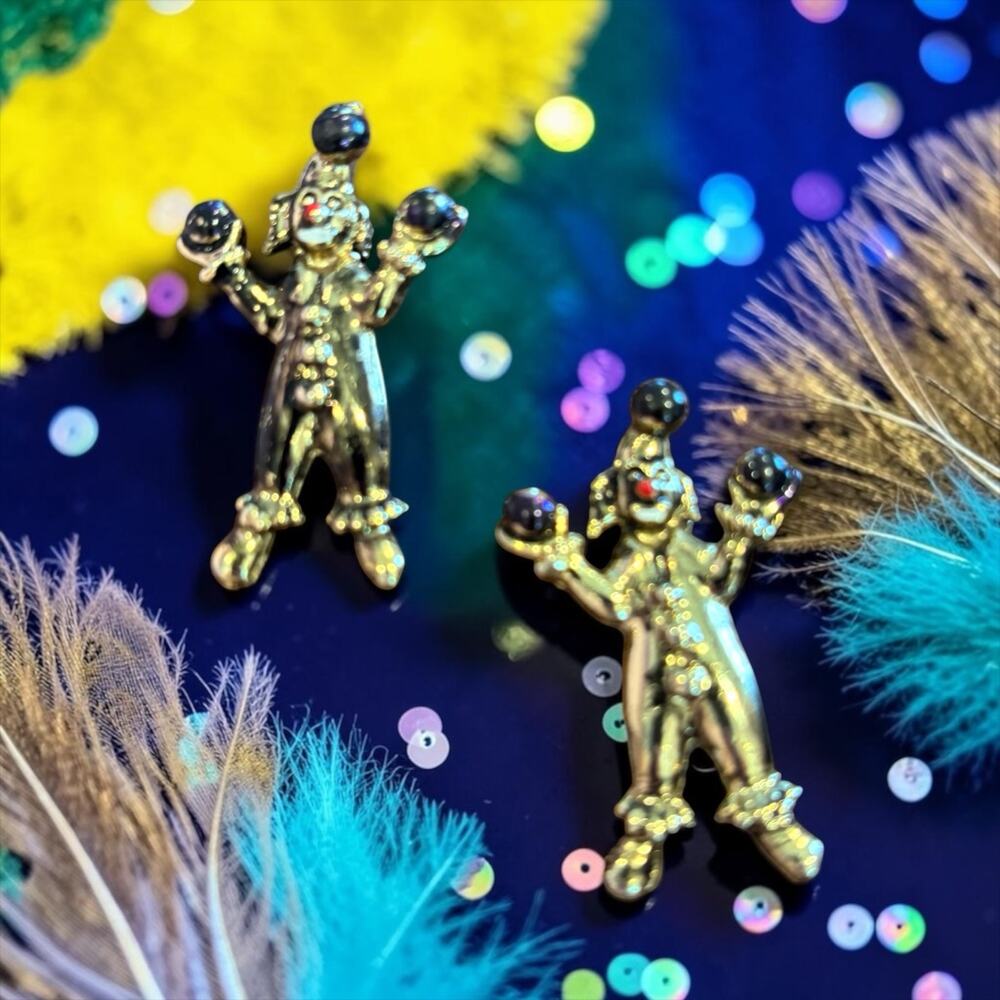 Vintage Juggling Clown Brooch Pair Black Glass Balls Circus Kitsch Scatter Pins